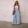 Women's Mid Rise Wide Leg Denim Overalls Loose Fit Streetwear Multi Pocket Sleeveless Casual Long Dungarees