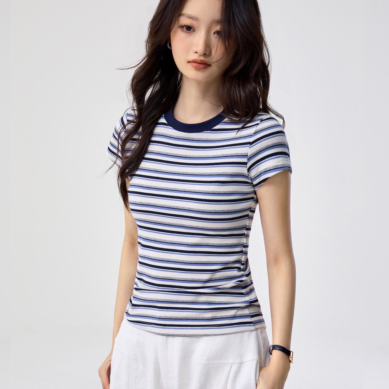 Women s Striped Cotton T-Shirt - Short Sleeve, Slim Fit, Round Neck, Color Block Design, Summer Essential S