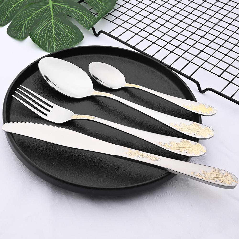Vintage Western 32Pcs Silver Gold Flatware Cutlery Dining Set Luxury Knife Fork Teaspoon Set Engraving Dinnerware Set for Wedding