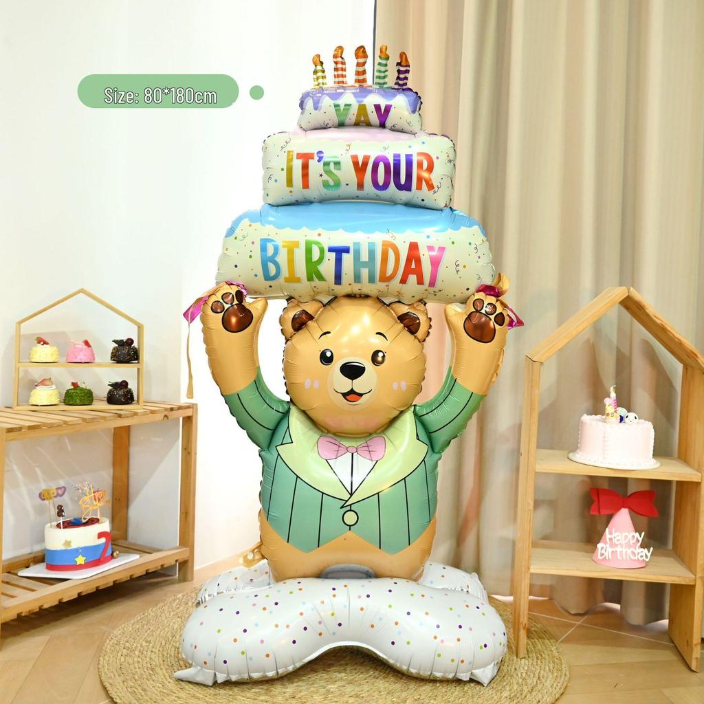 Children's Birthday Party Balloon Decoration: Bear with Cake Foil Balloon Arrangement