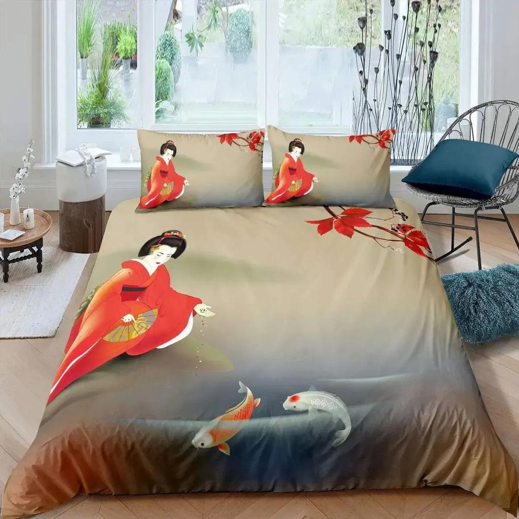 Koi Fish Duvet Cover Set King Size Oriental Asian Culture Lotus Bedding Set Microfiber Twin Cloud Quilt Cover For Girl Farmhouse
