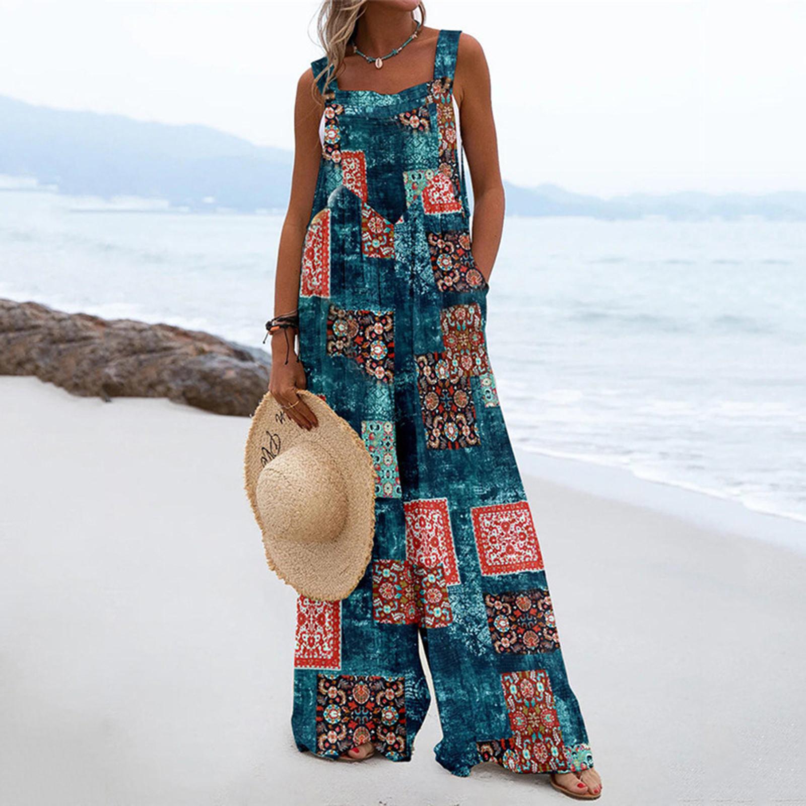 

Женский модный этнический комбинезон на пуговицах, брюки с широкими штанинами XXL синий