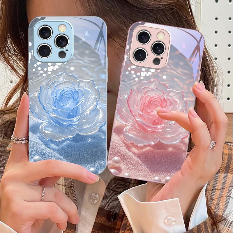 Gradientowy Kryształowa Róża Dla iPhone 16 E 15 14 13 Plus 12 mini 11 Pro Max XR Xs Max 16E X 7 8 6 6S 2022 Hartowane Szkło Pokrowiec na Telefon