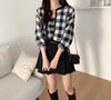 Korean Fashion Knit Long Sleeve Gingham Korean Short [KOREARU] Women's Sweater, Check, Camisole/Cardigan Set, Flattering, Stylish, Cute, Clothing,