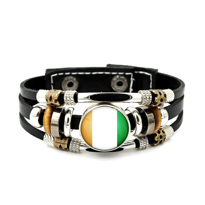 Factory National Country Flag Design Bracelet Crystal Bead Snap Button Sports National Team Jewelry Gift Leather Wrap Bracelet