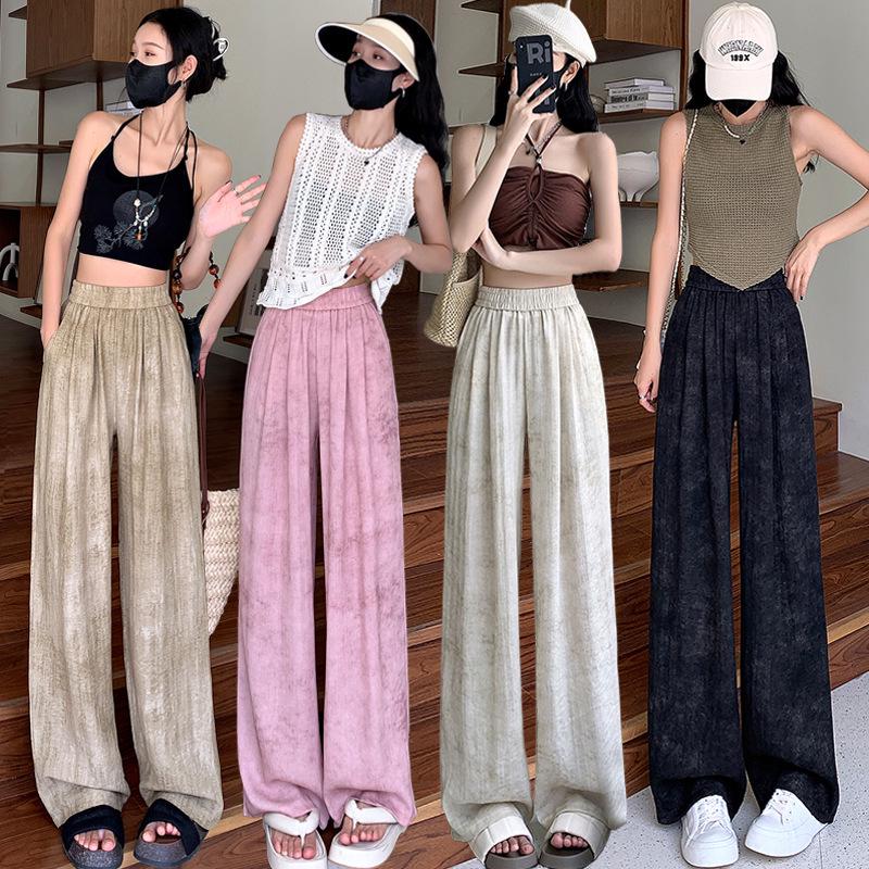 Summer Ice Silk Linen Tie-Dye Wide-Leg Pants for Short People L