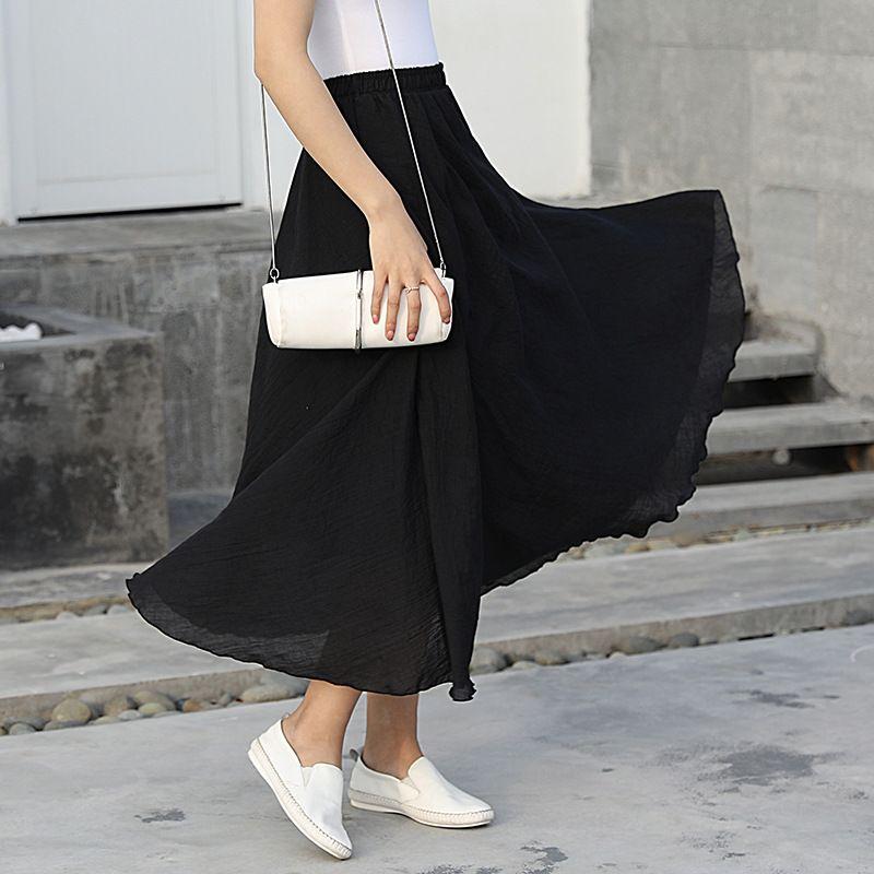 Solid Color Elasticwaist LooseA-Line Skirt Pure Color Elastic Waist Loose Long Dress