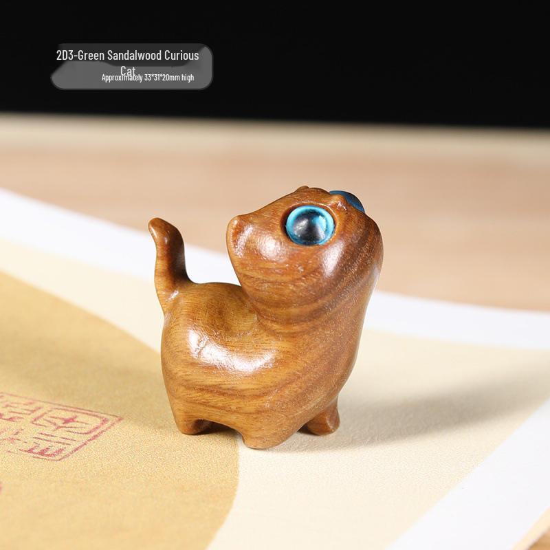 Mini Wooden Cat Ornament in Green and Black Sandalwood - Cute Handheld Carving Handicraft