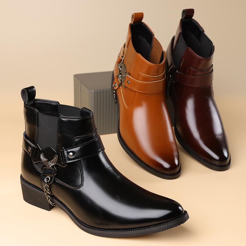 Brand Men Boots Fashion Pointed Leather Booties British Style Business Ankle Boots Lacquer Leather High Top Boot Men Dress Boots