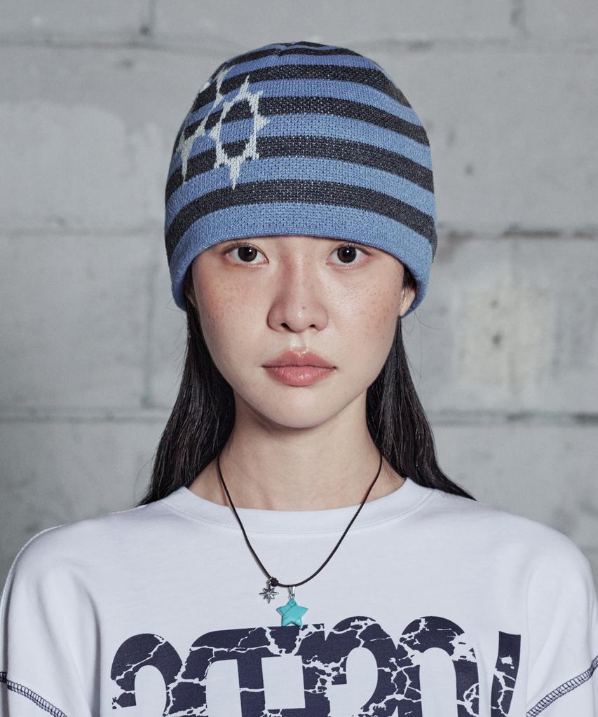 Lujeoseukeulleob Symbol Logo Striped Beanie Sky Blue