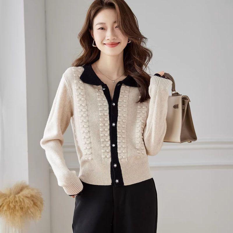 Women's Spring & Autumn Color-Block Collared Knit Cardigan High-End Outer Wear Stylish Top Sweater Short Jacket