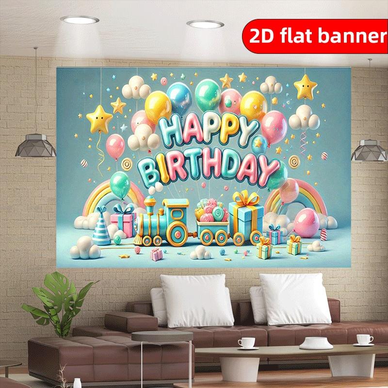 2D flat 1 piece Happy Birthday Train Polyester Photography Background Cloth Party Banner Pulling Birthday Supplies