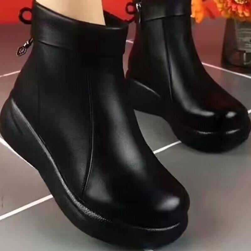 Low-heeled Muffin-soled Boots for Women's 2 Autumn and Winter New Soft Leather Fashion Boots, Winter Velvet Soft-soled Women's Shoes Are Comfortable