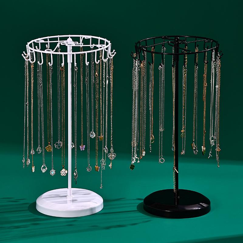 Rotating Jewelry Display Stand: 23-Hook Wrought Iron Rack for Necklaces and Bracelets, Detachable Board for Market Stall.