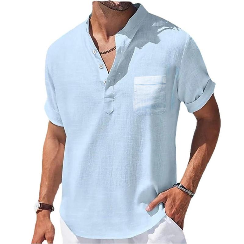 Summer Men's Stand Collar Buckle Half Cardigan Cotton and Linen Short Sleeve Men's T-shirt Simple Short Sleeve Shirt Sports Casual