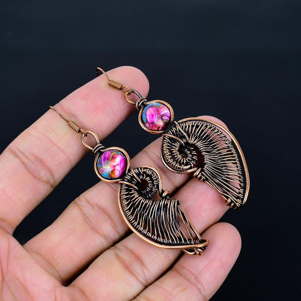 Pink Spiny Oyster 999 Copper Wire Wrapped Earrings, Handmade Gemstone Jewelry Earrings, For Memorial Day