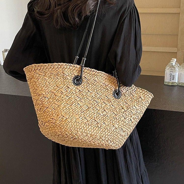 Grand Sac Cabas Sac d'Été Tissé Sac à Épaule Tissé en Paille Sac de Plage Tissé en Raphia Sac Tissé en Rotin