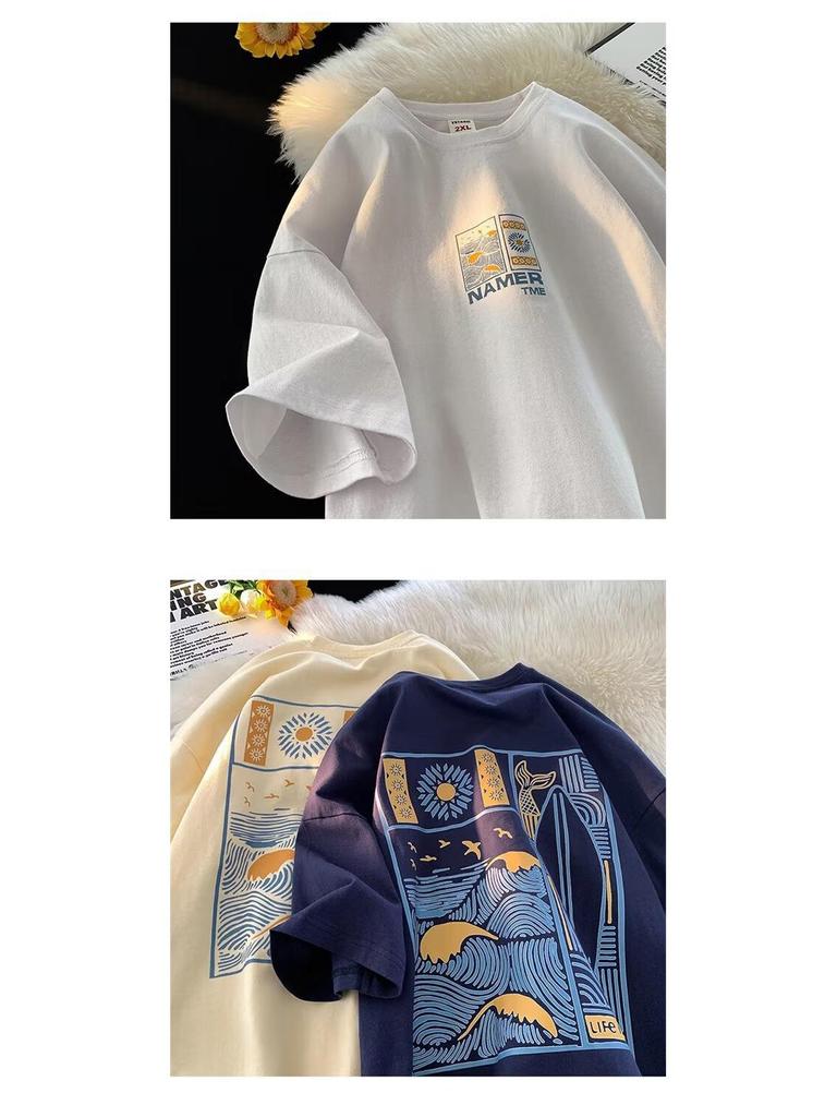 Men's Oversized Ethereal Letter Print Pure Cotton Short-Sleeve T-Shirt - American Street Style