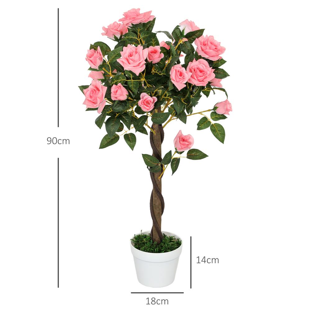 Set of 2 Artificial Plants Pink Rose Floral In Pot, Fake Plants for Home Indoor Decor, 90cm