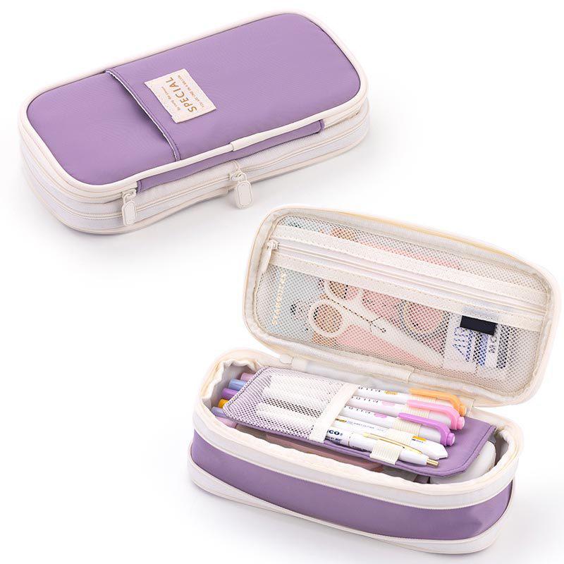 Macaron Colorblock Large Capacity Art Student Pencil Case - Double Layer Oxford Cloth Paintbrush Storage Bag