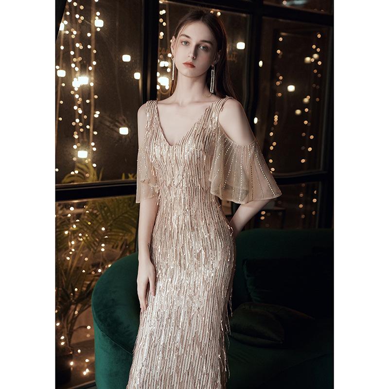 Evening Dress Dress Women's Gold 1011 Summer New Temperament Long Slim and Thin Toast Dress Fishtail Banquet Host