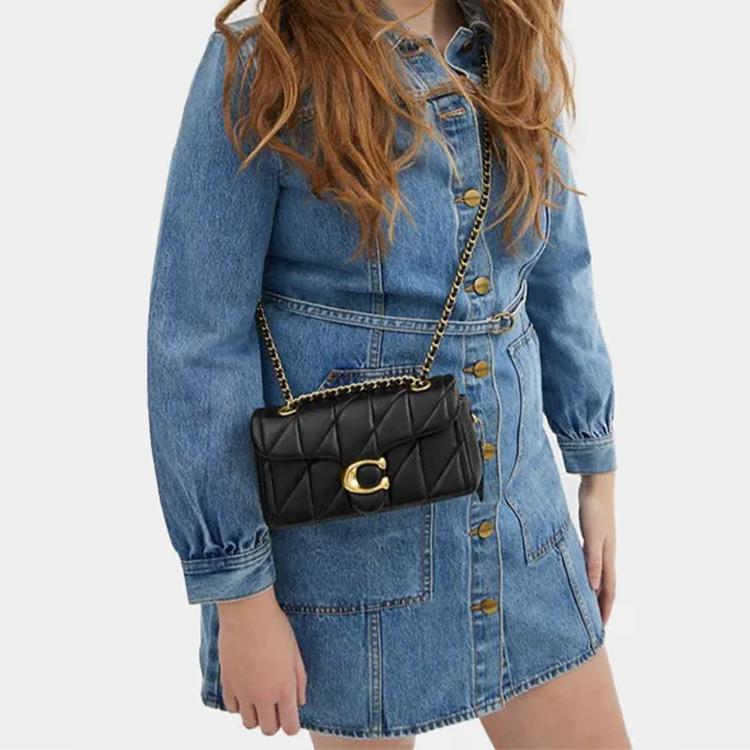 COACH Tabby 20 Striped Quilted Magnetic Closure Logo Flip Top Sheepskin Leather Pillow Bag Crossbody Shoulder Bag Small Female Black