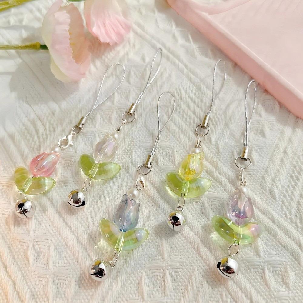 Hanging Cord Mobile Phone Lanyards with Bells Tulips Flower Hangings Pendant Tulip Phone Charm Bag