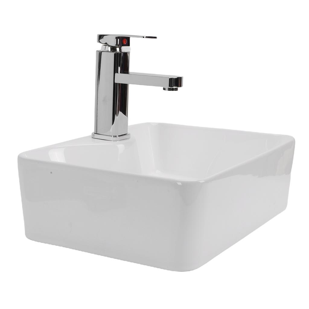 Ceramic Bathroom Sink Modern Rectangular Above Counter Vanity Basin with Faucet Drain Pipe for Home Hotel Glossy White