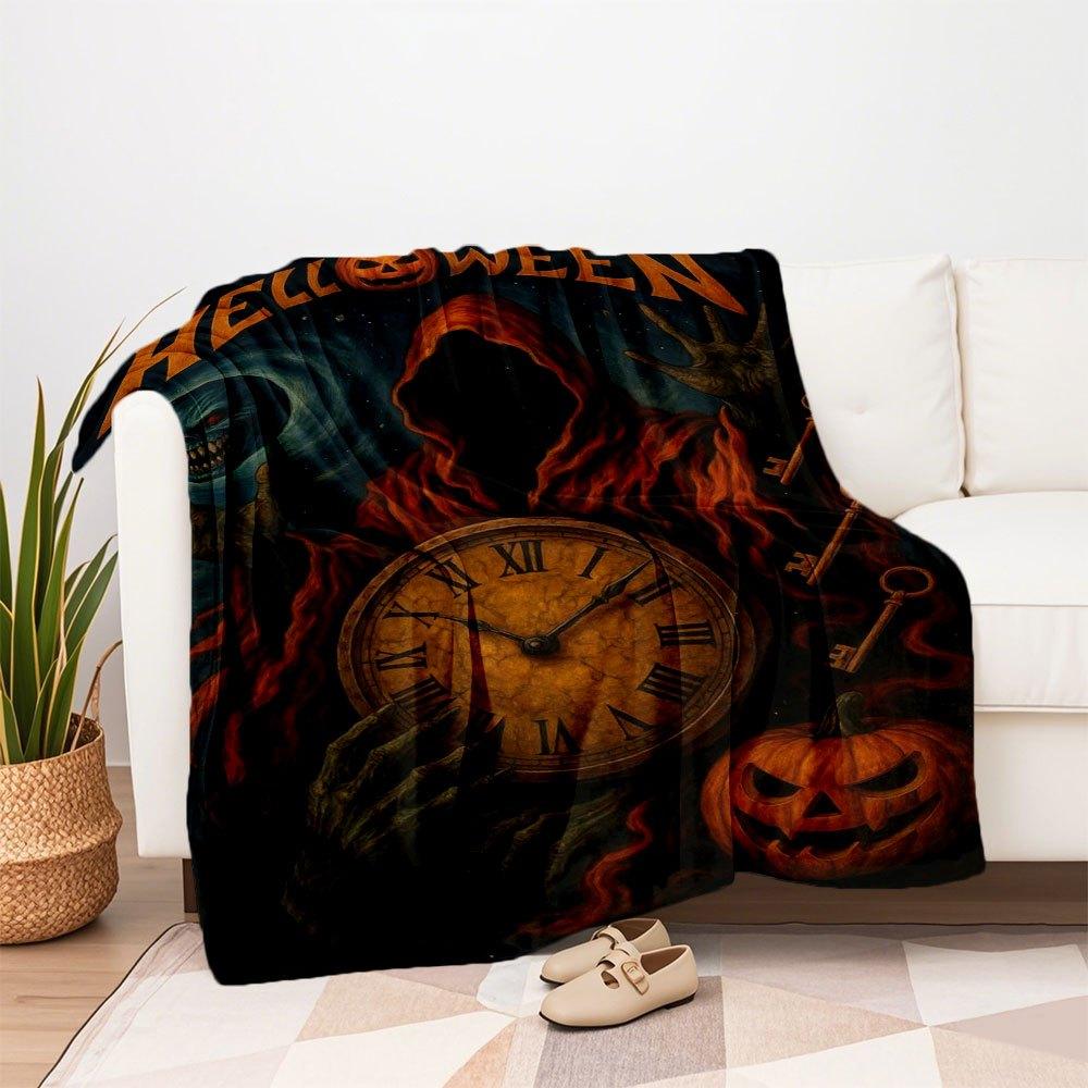 "Halloween Spooky Clock with Pumpkin and Ghost"Blanket Flannel Throw Blanket for Sofa, Bed, Travel, Camping, Office