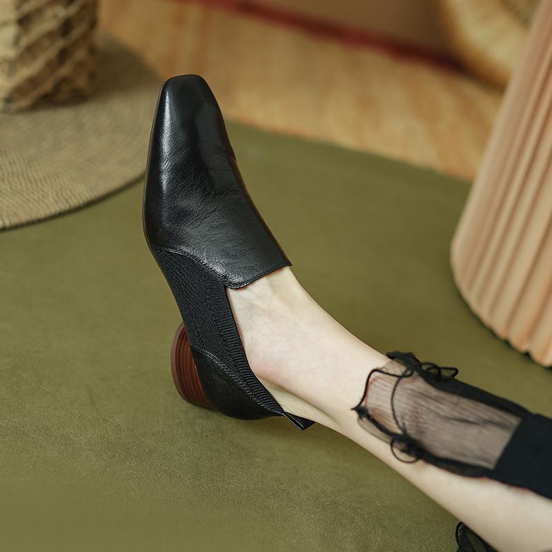 Retro Women Pumps High Heels 2024 Spring Summer Genuine Leather Square Toe Mature Basic Office Lady Elegant Shoes Woman Pumps