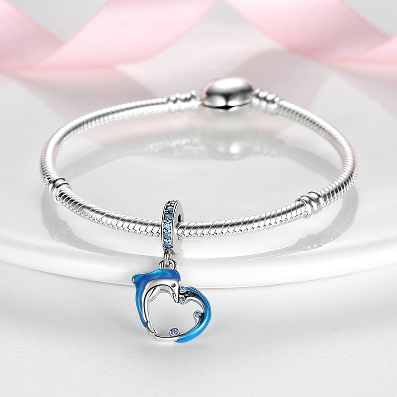 S925 Silver Ocean  Dolphin Whale Pendant Beaded Bracelet Necklace DIY Jewelry Set