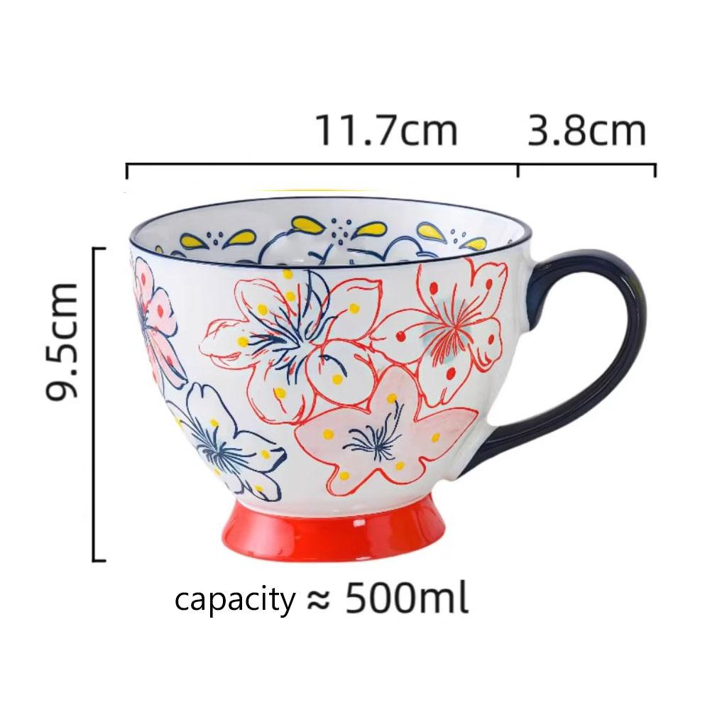 500ml Hand-Painted Ceramic Breakfast Mug – Colorful Glaze Flora lLarge Cup with Wide Mouth – Microwave & Dishwasher Safe