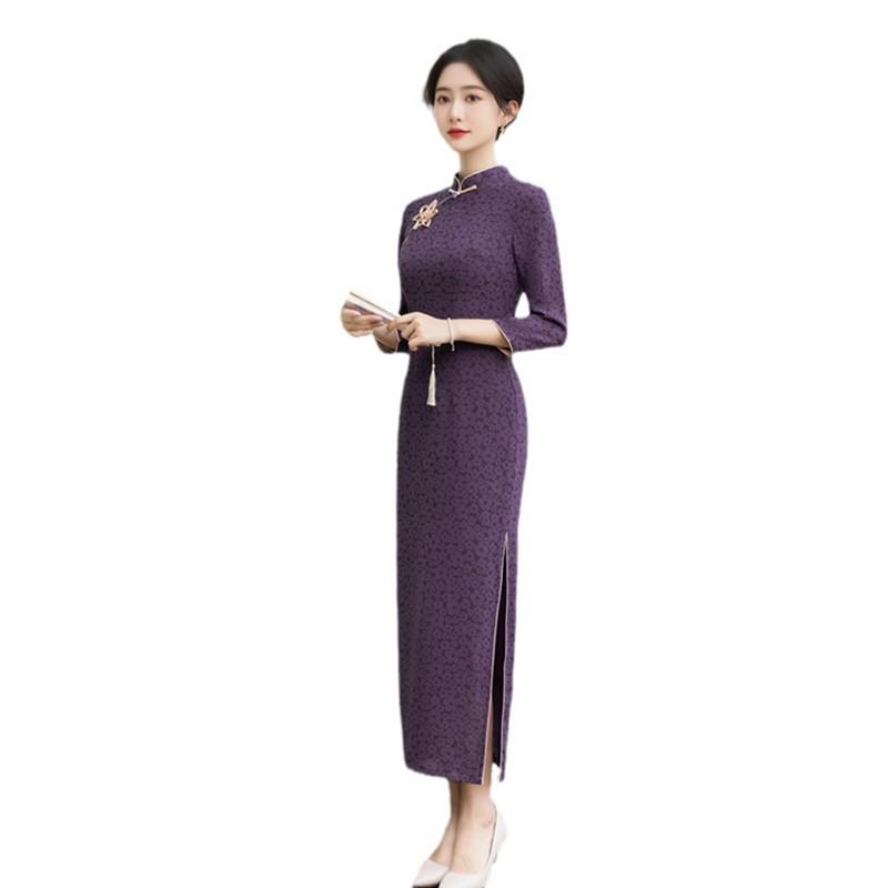 Retro National Style Long Seven-quarter-sleeved Cheongsam Autumn New Young Women's Banquet Chinese Cheongsam Dress