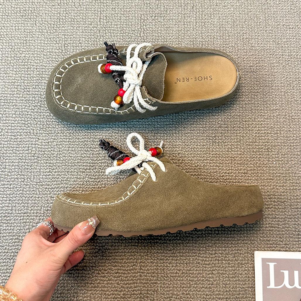 

2025 new retro Birkenstock shoes bag head half slippers women wear a pedal lazy muller shoes flat cool slippers 39 хаки