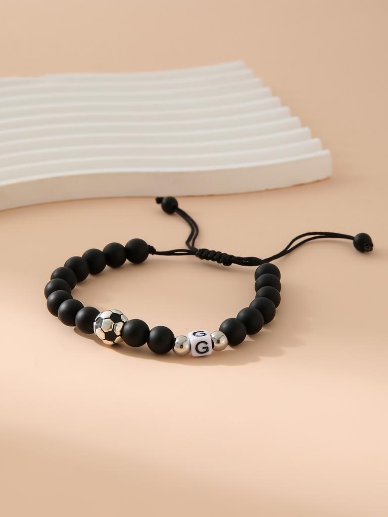 Mattschwarzes Fußball-Alphabet Verstellbares Perlenarmband Unisex Sport-Armband Schmuck