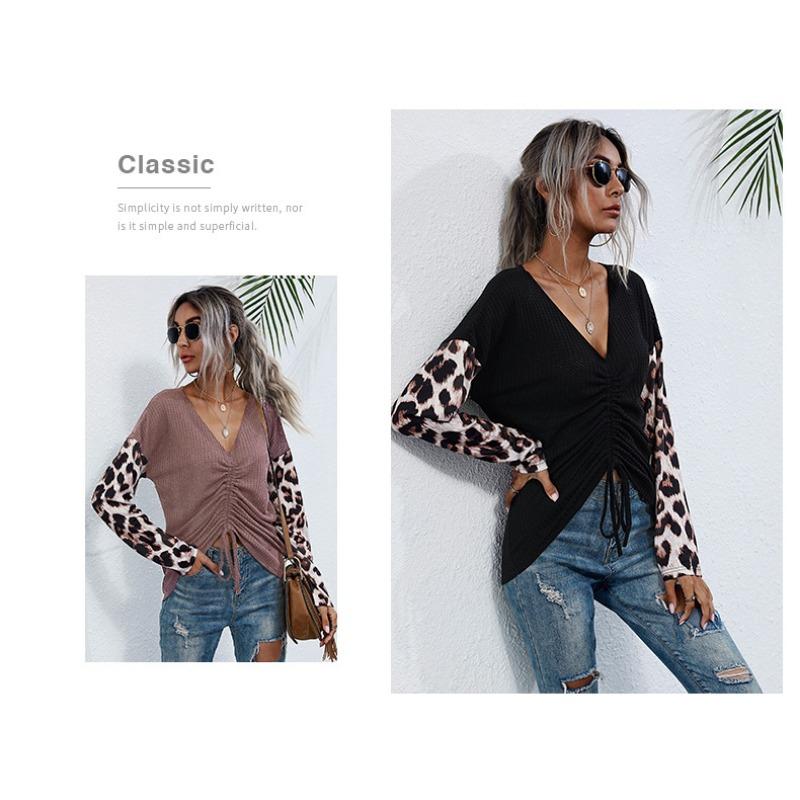 V-neck Color Blocked Leopard Print Long Sleeved T-shirt for Women Casual Top Drawstring Design Commuter Pullover Base Shirt Autumn