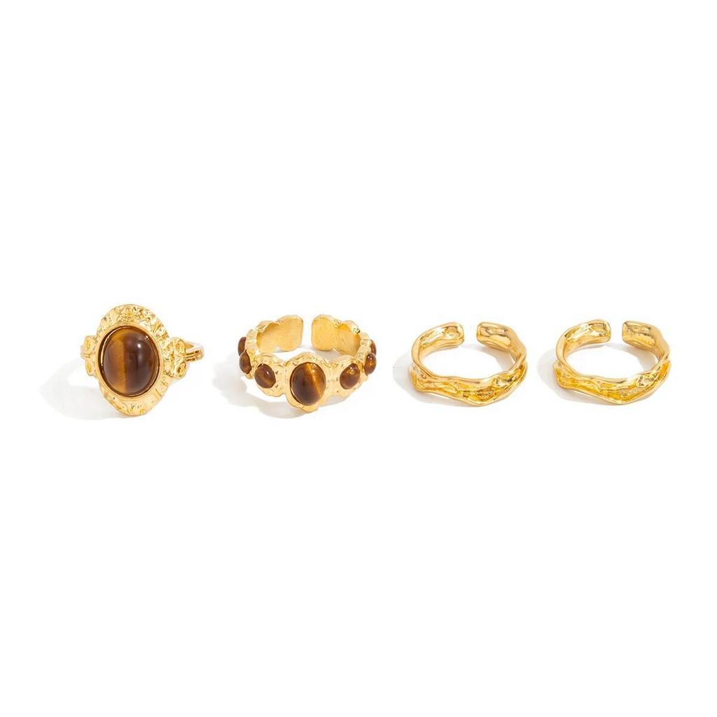 Ingemark Conjunto de 4 Peças Anéis Abertos Vintage Oval Pedra Marrom para Mulheres Luxo Redondo Cor Dourada Anel de Falange Ajustável Nova Joia Presente