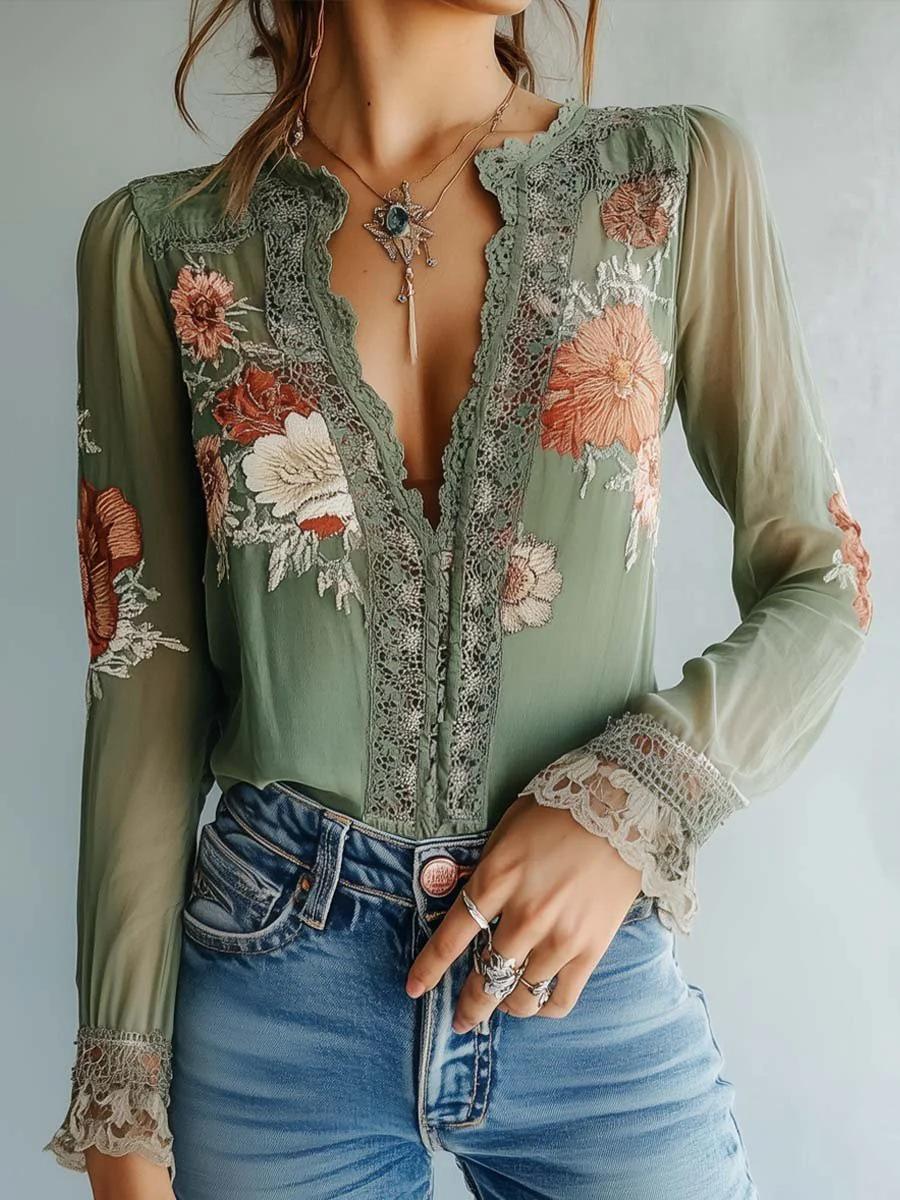 

Elegant V-Neck Long-Sleeve Printed Shirt for Women - Versatile High-Quality Texture for Spring & Autumn Small зелений
