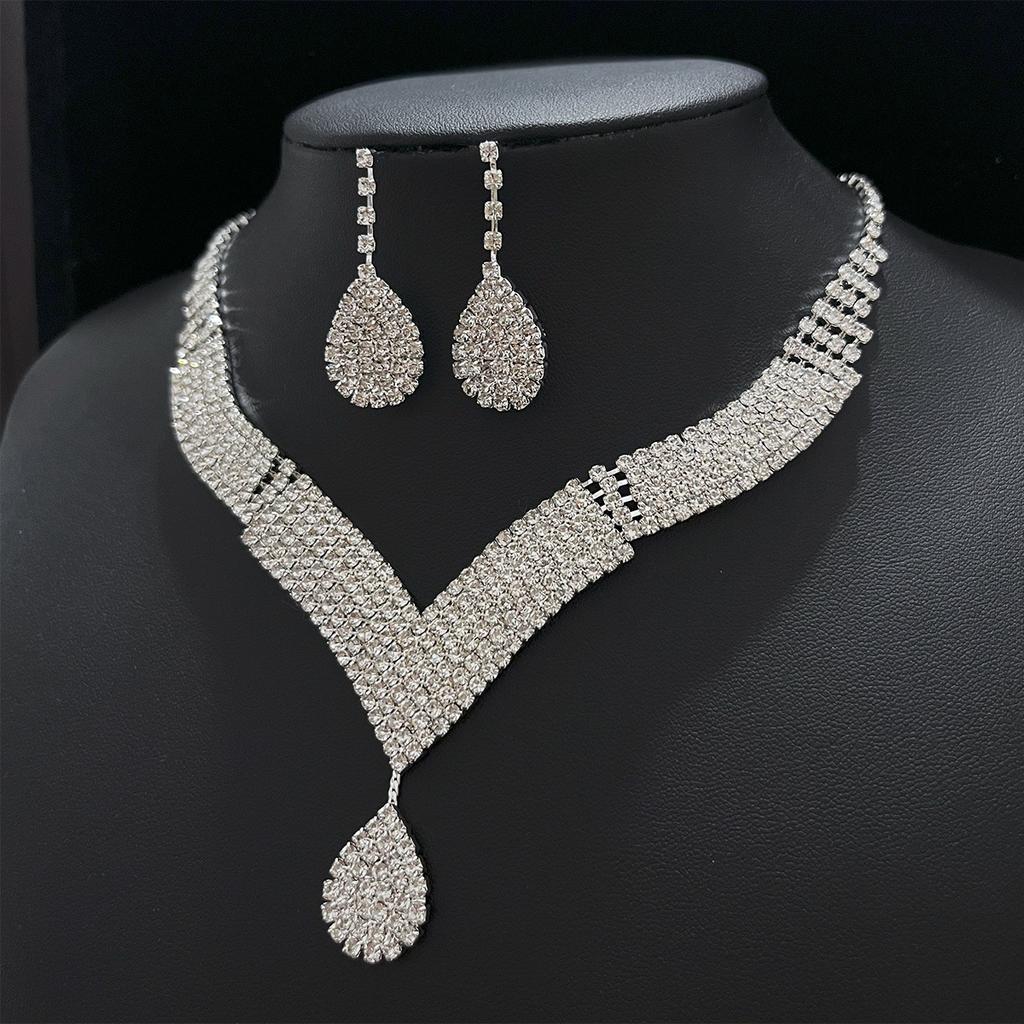 Full Diamond Water Drop Rhinestone Necklace Earring Set, Luxury and High Sense, Simple and Versatile Bride 2-piece Set
