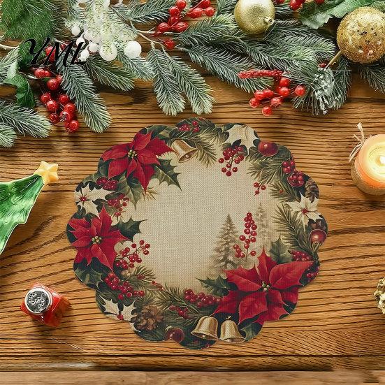 Round Washable Placemats Christmas Placemat, 14 Inch Festive Pattern Anti Slip Tabletop Protector, Heat Resistant Table Pad Insulation Place