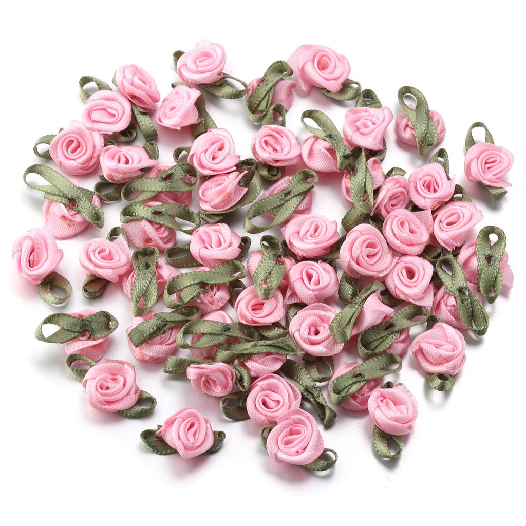 50pcs 1.5x2.5cm Mini Rose Flower Polyester Satin Ribbon Rosettes Fabric Appliques For Wedding Party Clothing Sewing Decoration