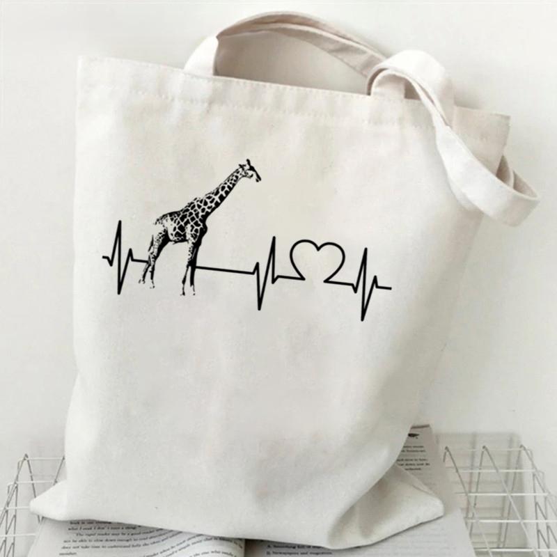 Vintage Giraffe Print Lightweight Pattern Designer Shopper Bag Heartbeat Giraffe Reusable Folding Design Canvas Shopping Bags