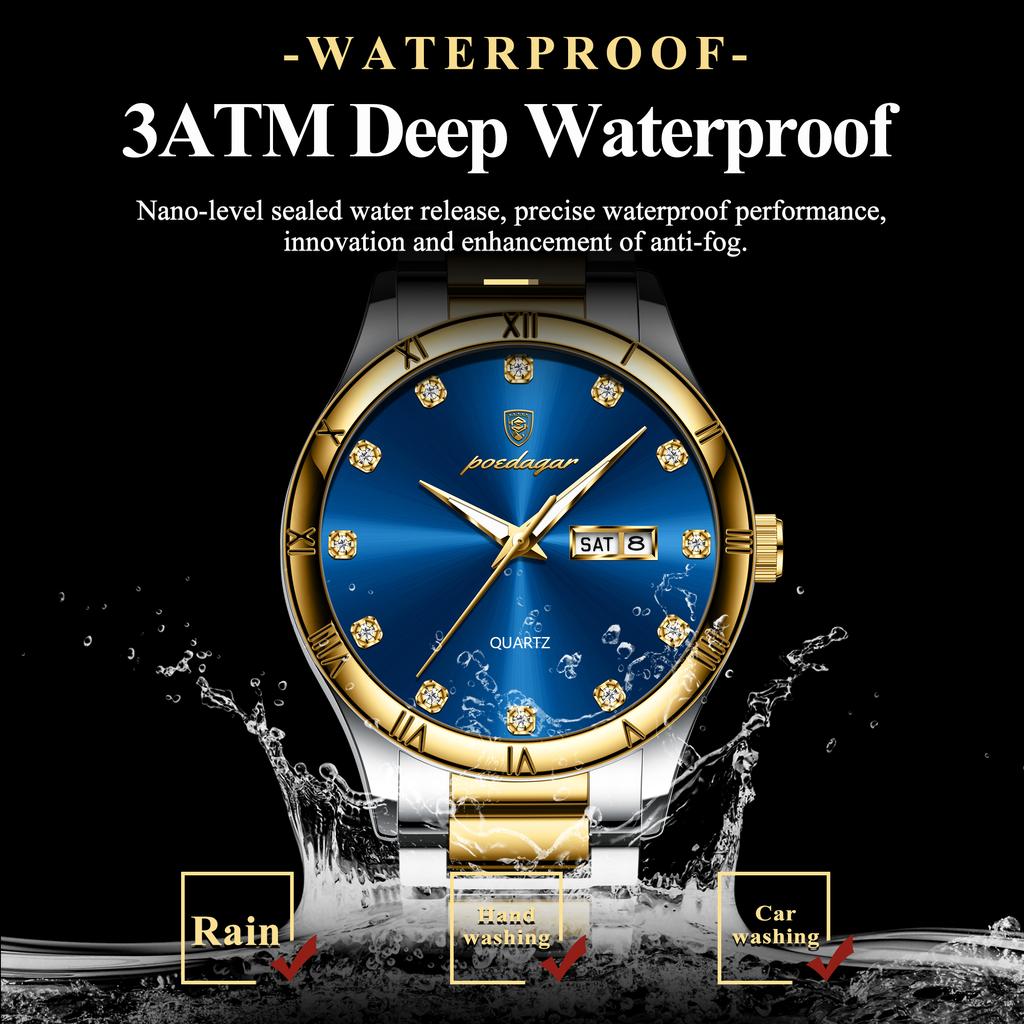 POEDAGAR Luxury Men's Quartz Watch Date Week Waterproof Luminous Man Watch Stainless Steel Casual Fashion Watches For Men