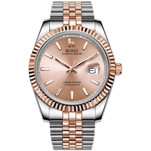

BUREI Мужские автоматические часы, Простые деловые водонепроницаемые часы серебристого и розового золота, Модный подарок для мужчин, A