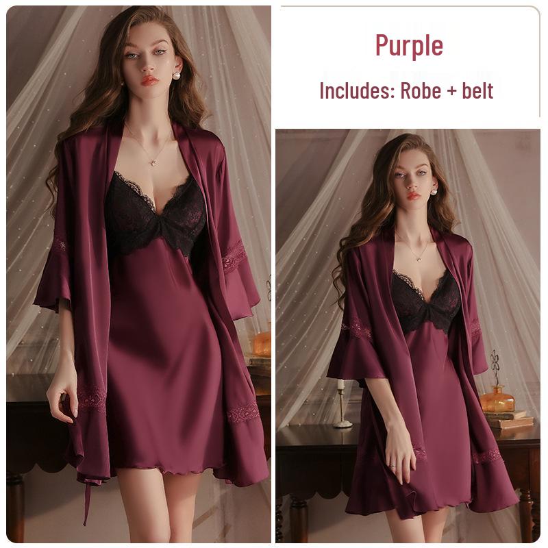 Elegant Lace Backless Plus Size Nightgown with Push-Up Bra and Camisole Set