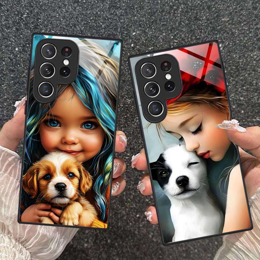 Girl Dog Puppy Glass Mobile Phone Case for Samsung Galaxy A56 55 54 53 52 51 36 35 34 23 16 15 5G Colorful Cover