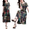 Elegant Plus Size Cotton Silk Knee-Length Dress with Waist Cinch for Middle-Aged Women