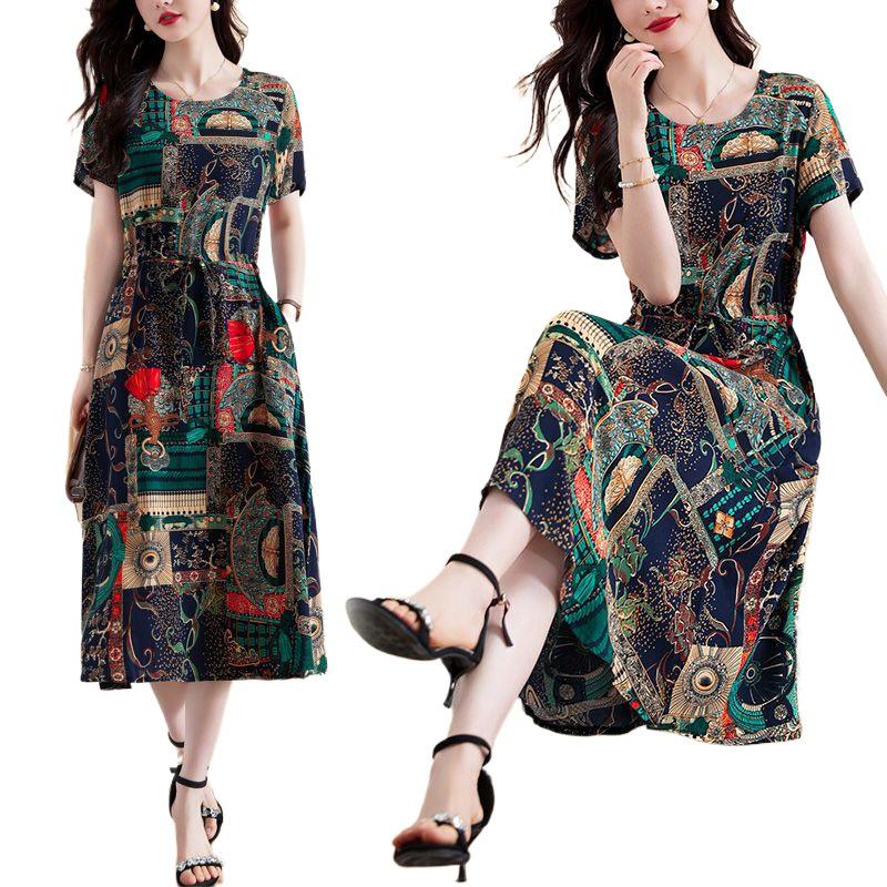 Elegant Plus Size Cotton Silk Knee-Length Dress with Waist Cinch for Middle-Aged Women
