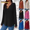Women's Fashion Casual Solid Color Print Long Sleeve V Neck Blouses & Shirts