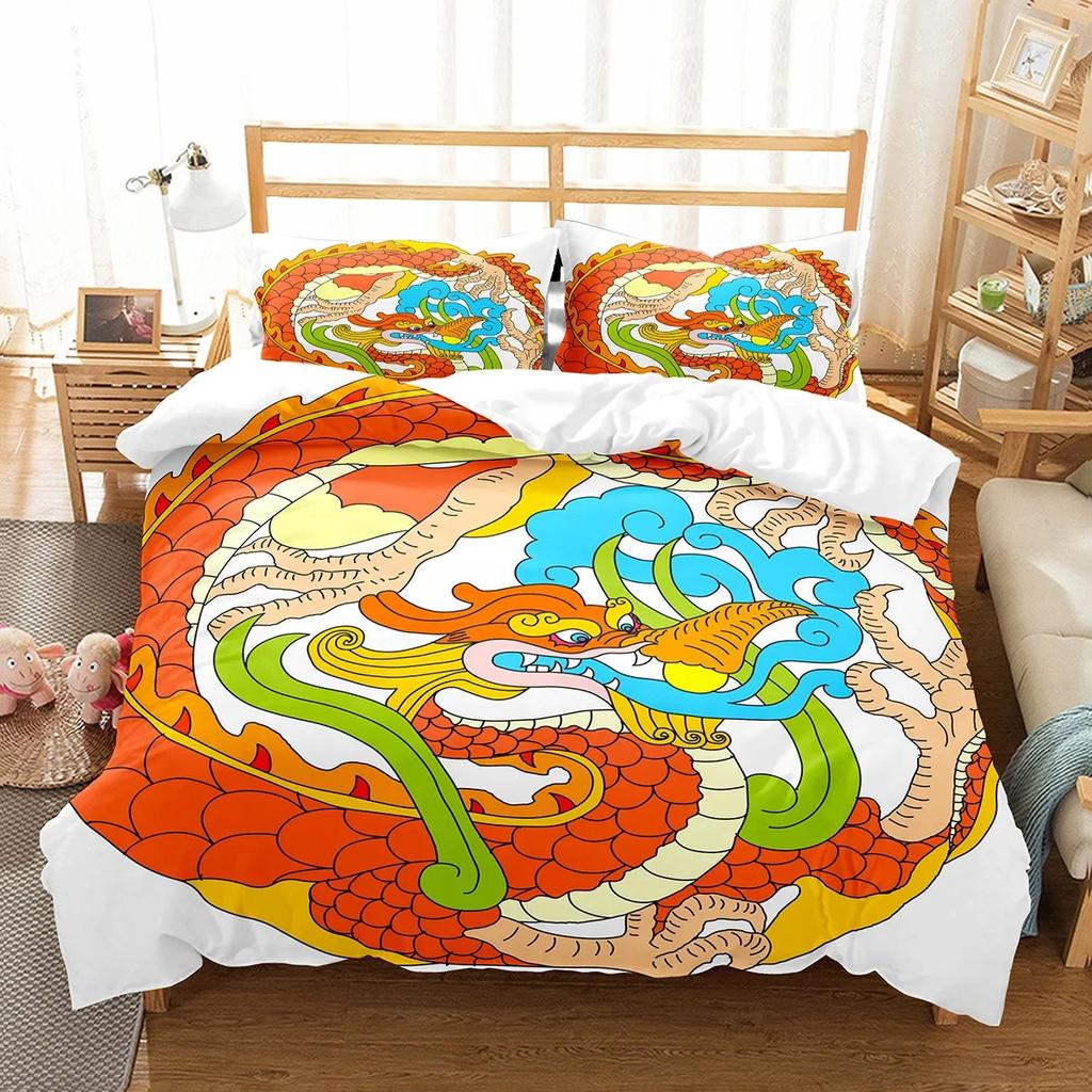 Copripiumino Re Regina Drago Cartone Animato Set Biancheria da Letto Animali Bambini Ragazzi Copripiumino Creatura Magica Carina Copripiumino Poliestere